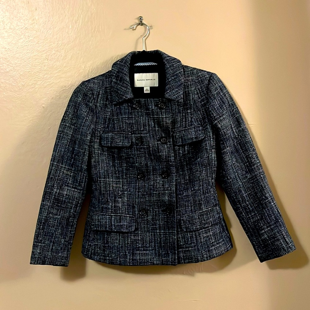 Banana Republic Blue Indigo Tweed Style Mini Pea Coat Blazer 0